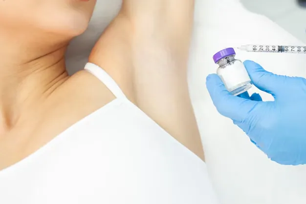 A close-up shot of a doctor's hand in a blue glove holding a small vial labeled "Botox" and a syringe, ready to inject a woman's armpit. The woman's white tank top is visible. The image emphasizes the product and the procedure.