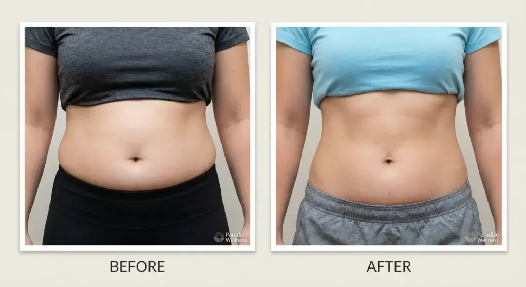 Before and After Mounjaro for Weight Loss Treatment at Paradise Wellness – Visible weight reduction and body contour improvement in 12 weeks